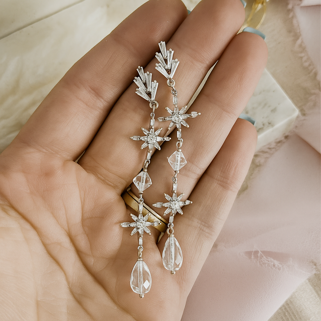 Orecchini da sposa celesti, orecchini lunghi Starburst, orecchini stelle scintillanti, orecchini Art Deco, versione 3