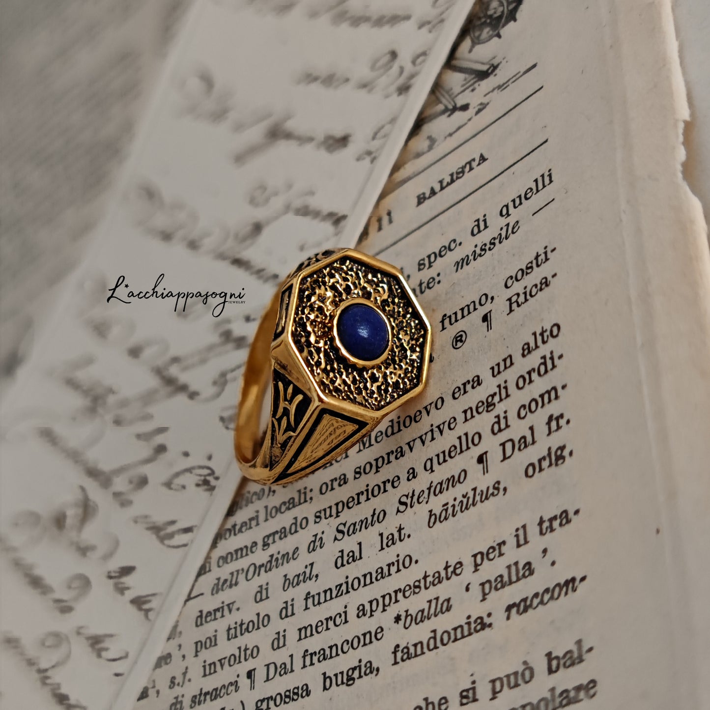 Anello art deco in argento placcato oro e Lapislazuli