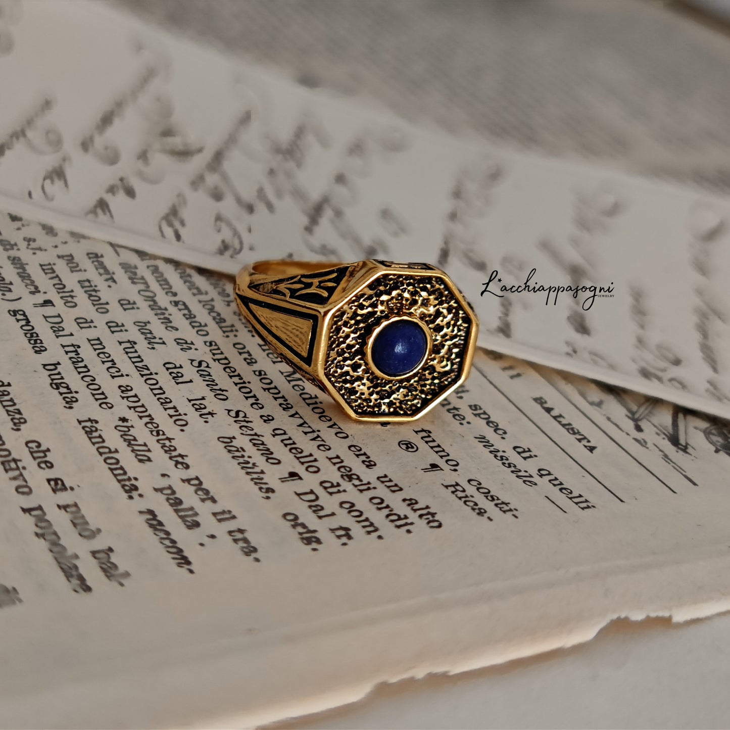 Anello art deco in argento placcato oro e Lapislazuli