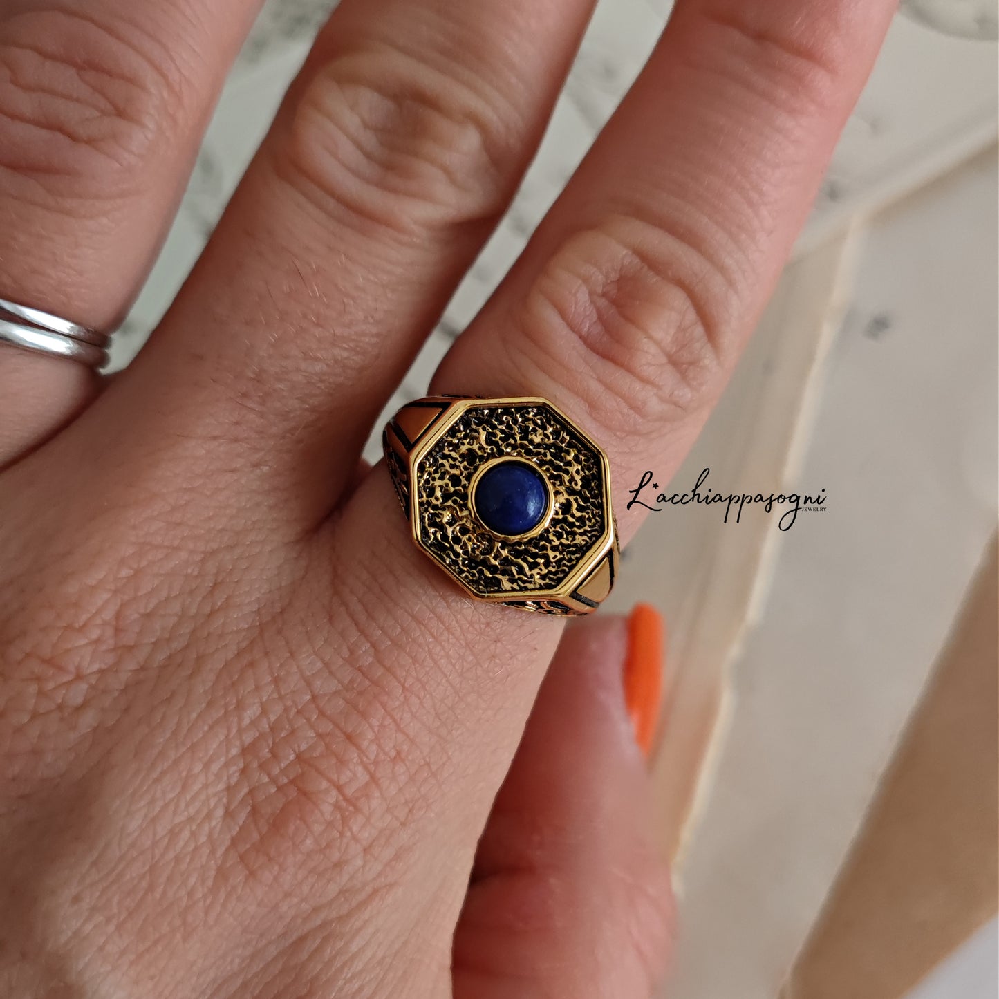 Anello art deco in argento placcato oro e Lapislazuli