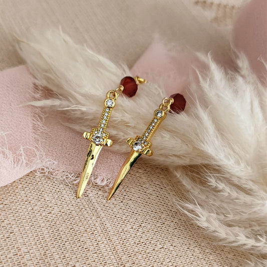 Ares Greek God Ruby Blood Crystals and Daggers Aesthetic Earrings, Greek Mythology Earrings