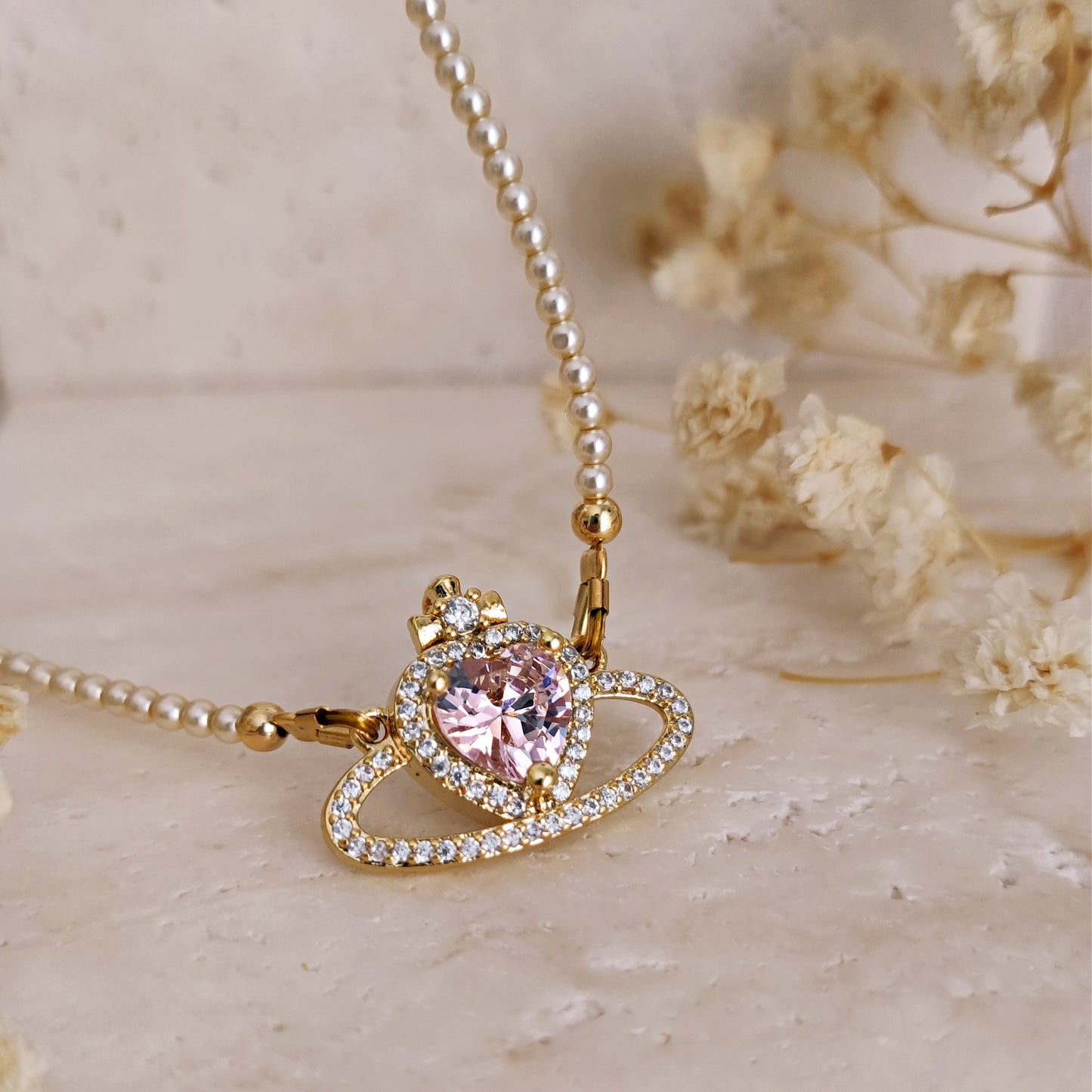 Princesscore Handmade Pearl and Pink Saturn Necklace, Royalcore Pearls and Pink Heart Choker, Sparkly Heart Shaped Saturn Necklace