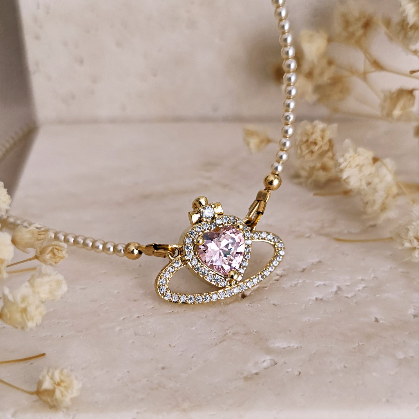 Princesscore Handmade Pearl and Pink Saturn Necklace, Royalcore Pearls and Pink Heart Choker, Sparkly Heart Shaped Saturn Necklace