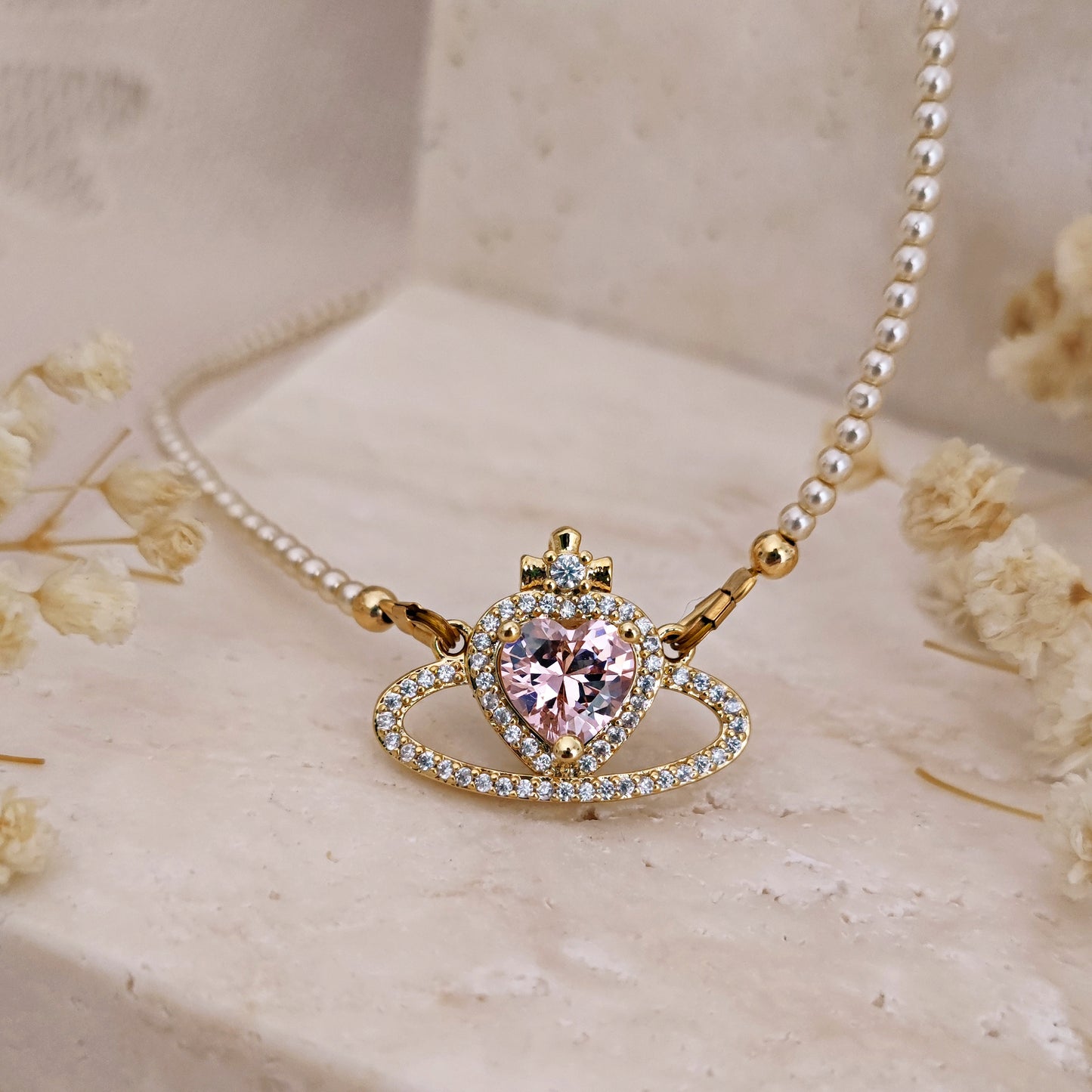 Princesscore Handmade Pearl and Pink Saturn Necklace, Royalcore Pearls and Pink Heart Choker, Sparkly Heart Shaped Saturn Necklace