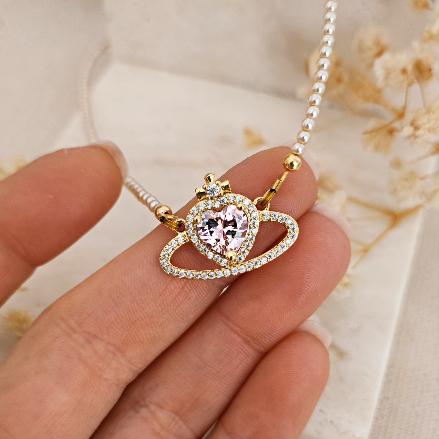 Princesscore Handmade Pearl and Pink Saturn Necklace, Royalcore Pearls and Pink Heart Choker, Sparkly Heart Shaped Saturn Necklace