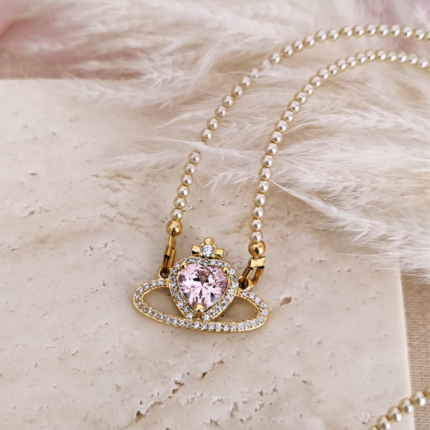 Princesscore Handmade Pearl and Pink Saturn Necklace, Royalcore Pearls and Pink Heart Choker, Sparkly Heart Shaped Saturn Necklace