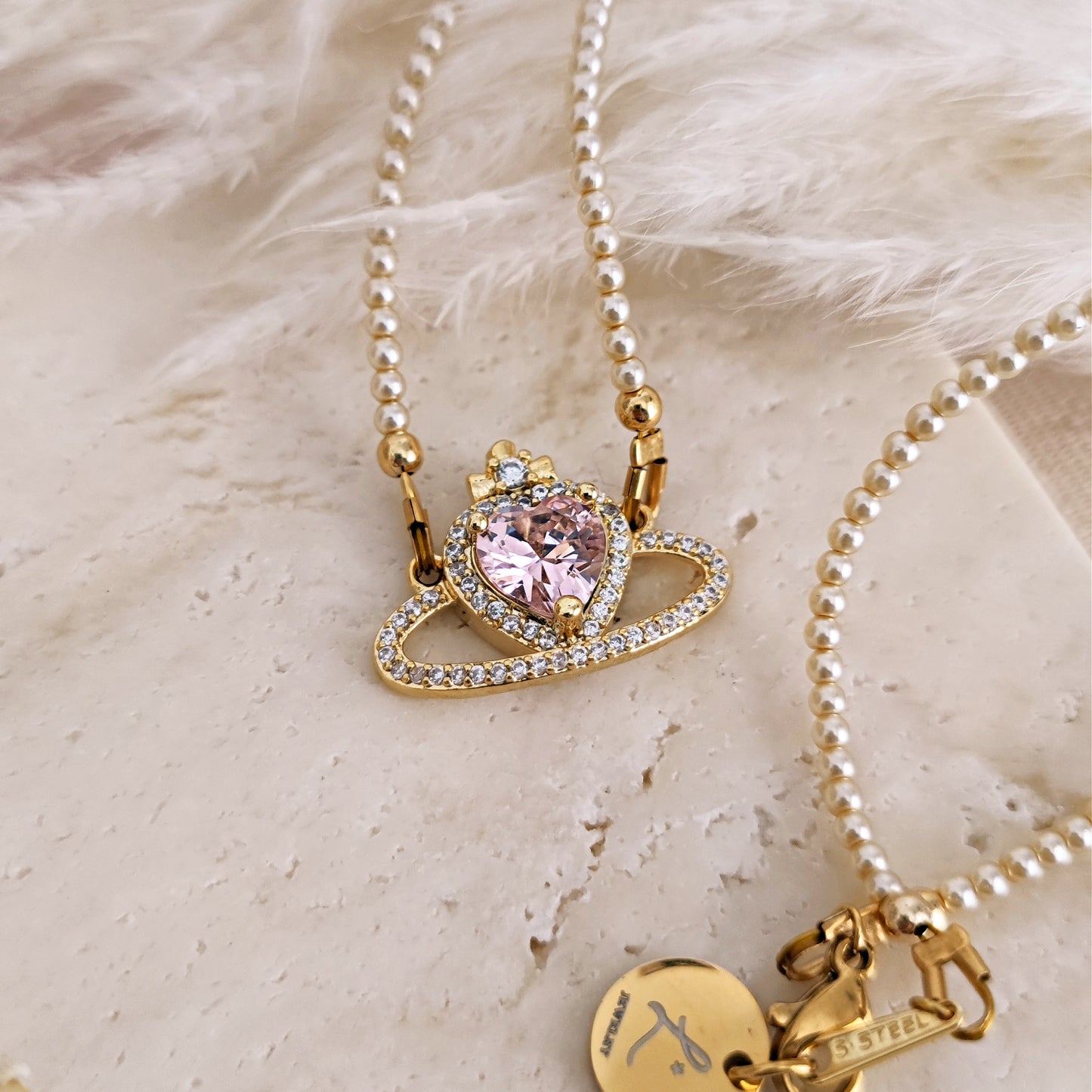 Princesscore Handmade Pearl and Pink Saturn Necklace, Royalcore Pearls and Pink Heart Choker, Sparkly Heart Shaped Saturn Necklace