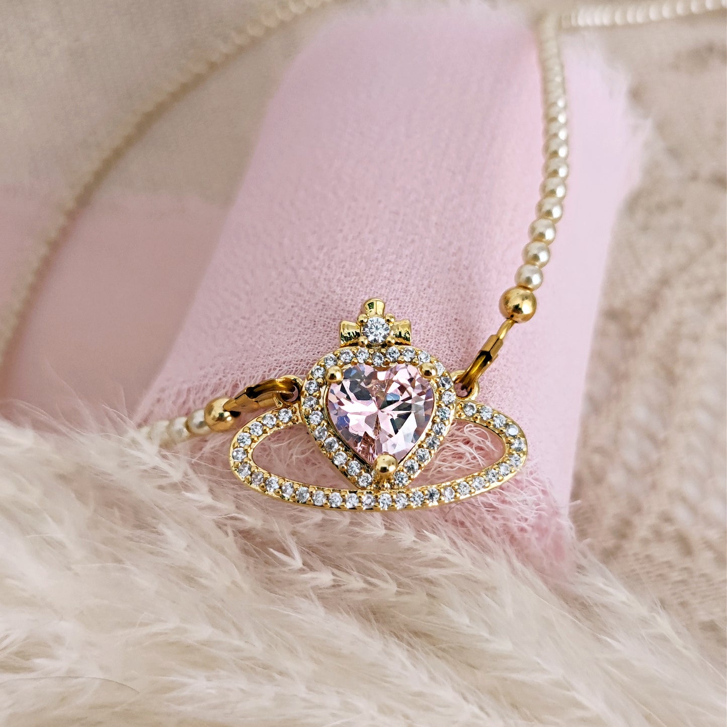 Princesscore Handmade Pearl and Pink Saturn Necklace, Royalcore Pearls and Pink Heart Choker, Sparkly Heart Shaped Saturn Necklace