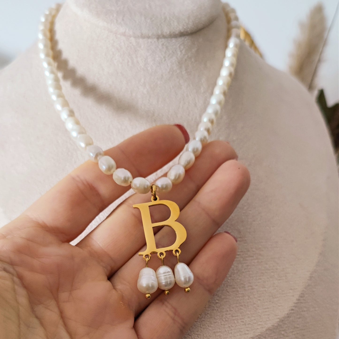 Anne Boleyn "B" initial necklace with freshwater pearls