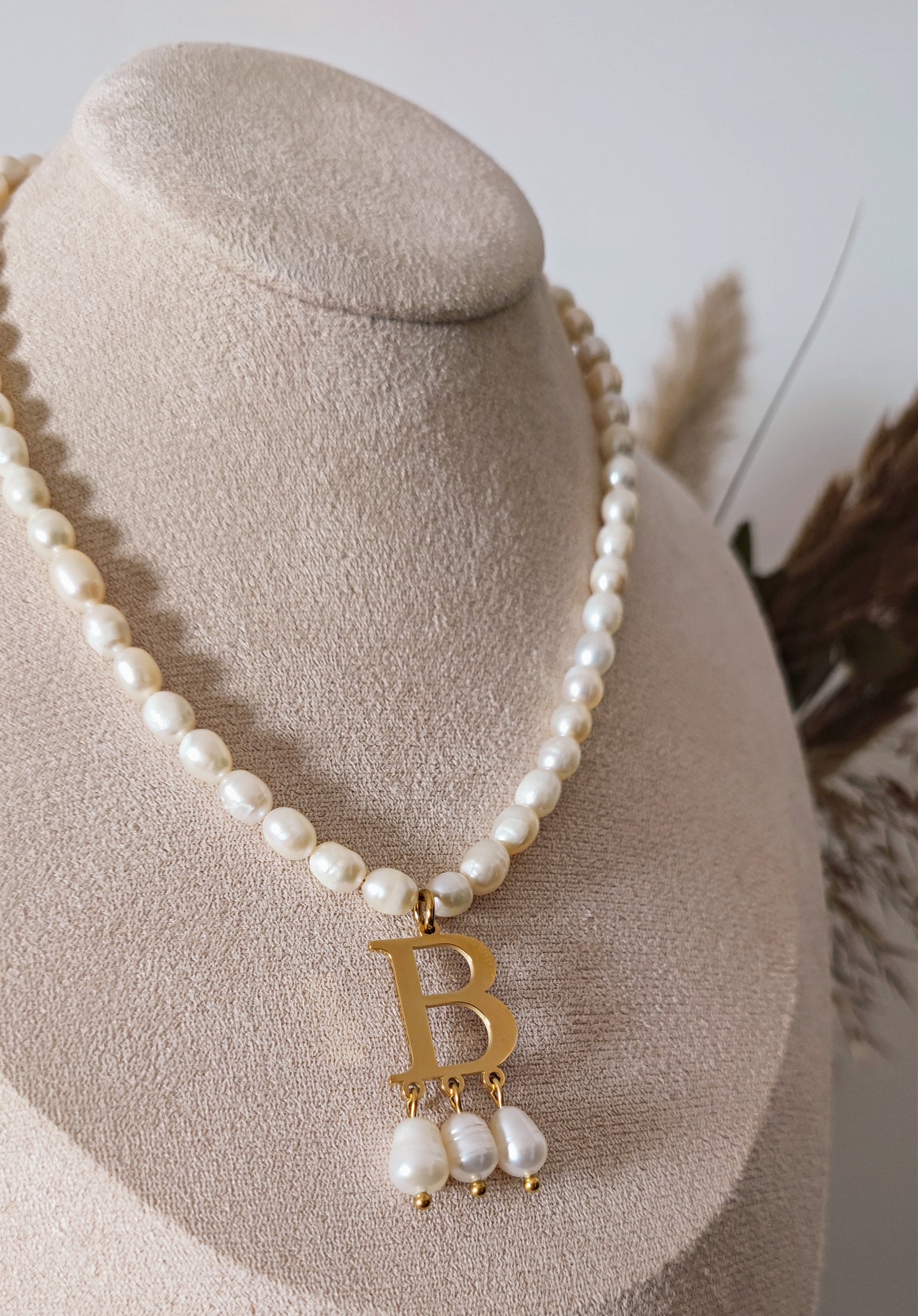 Anne Boleyn "B" initial necklace with freshwater pearls