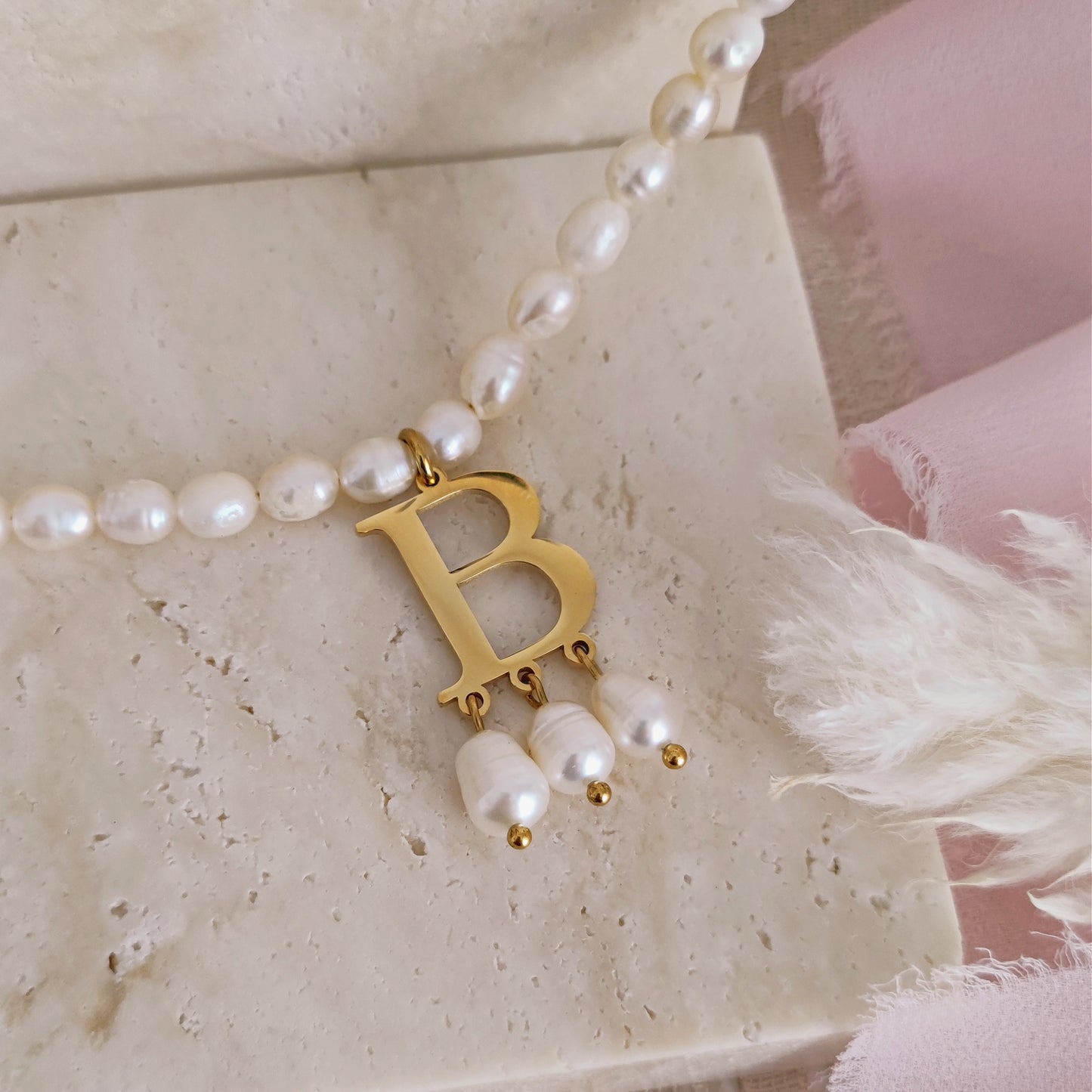 Anne Boleyn "B" initial necklace with freshwater pearls