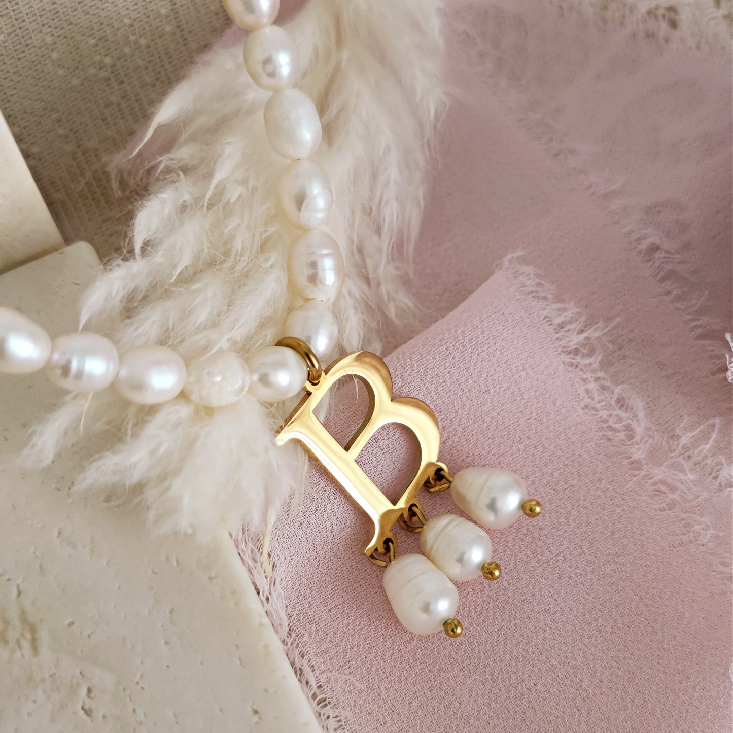 Anne Boleyn "B" initial necklace with freshwater pearls