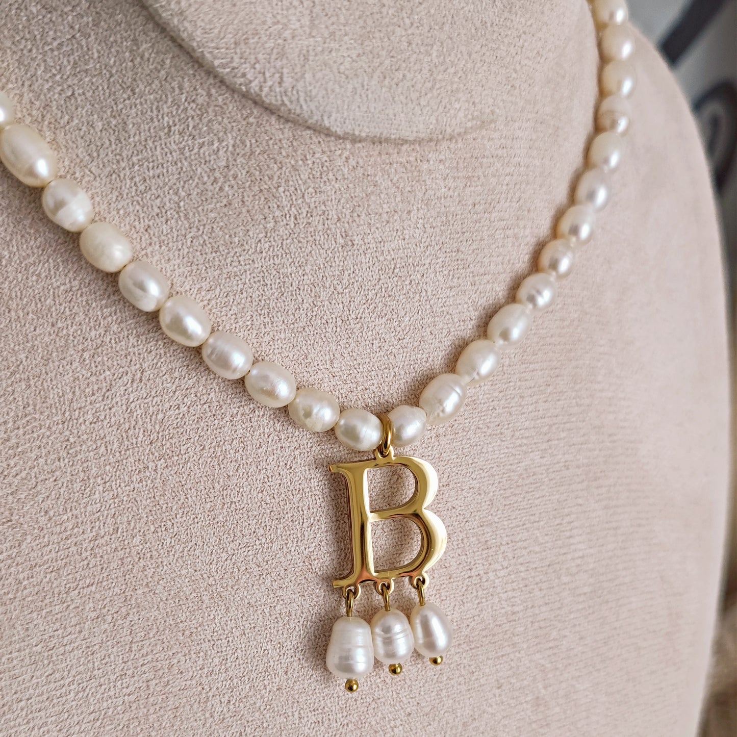 Anne Boleyn "B" initial necklace with freshwater pearls