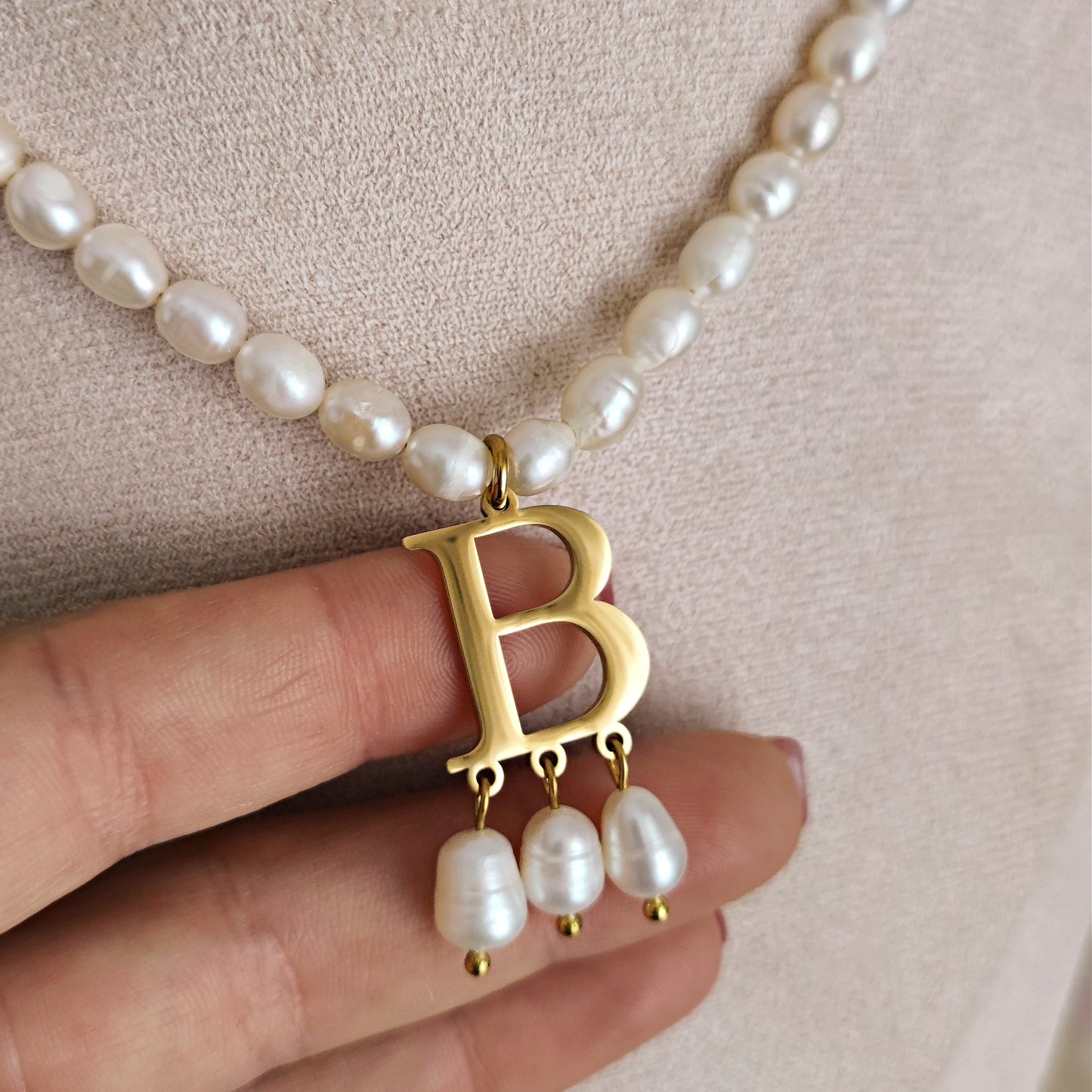 Anne Boleyn "B" initial necklace with freshwater pearls