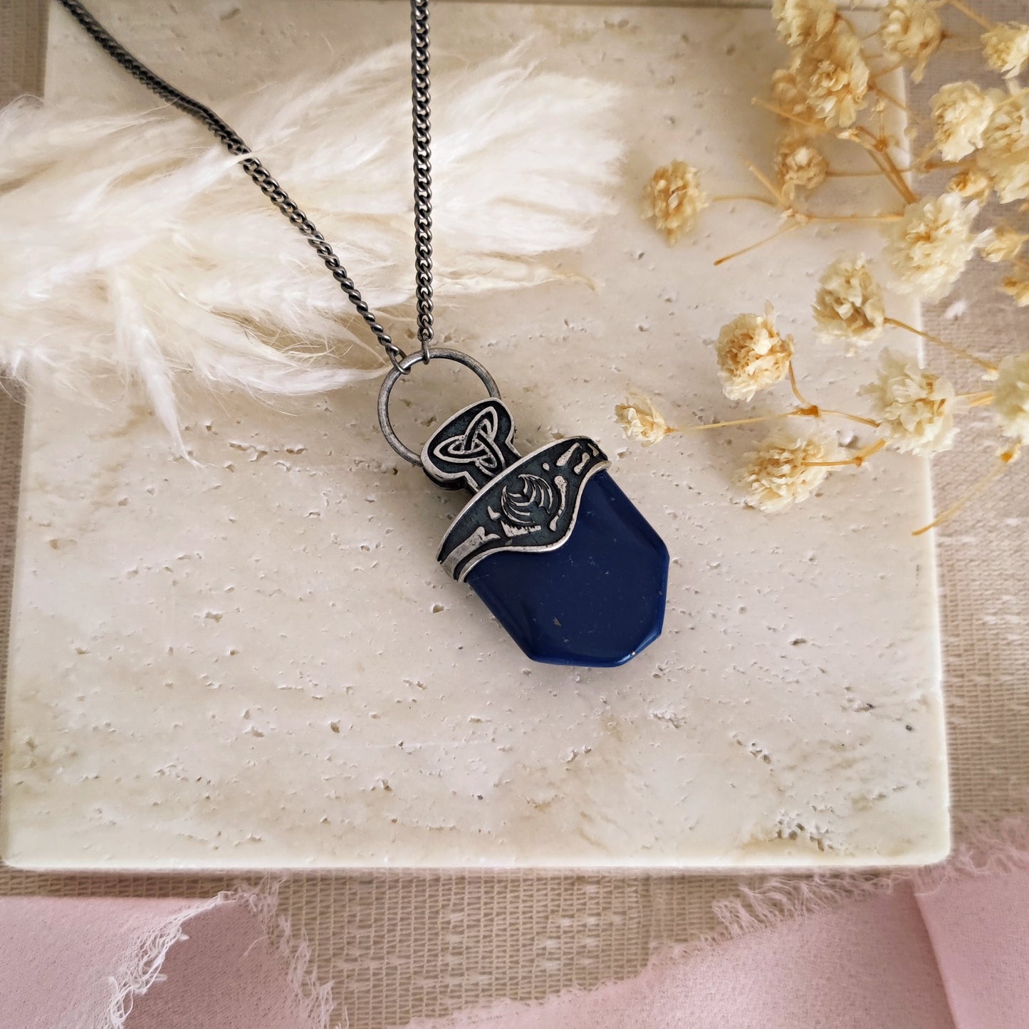 Witch Talisman Necklace with blue stone in antiqued 925 silver