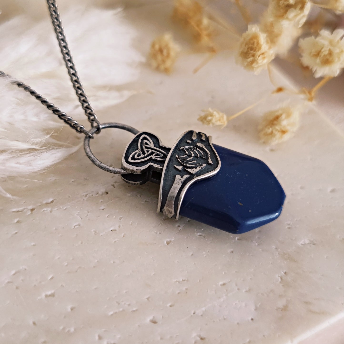 Witch Talisman Necklace with blue stone in antiqued 925 silver