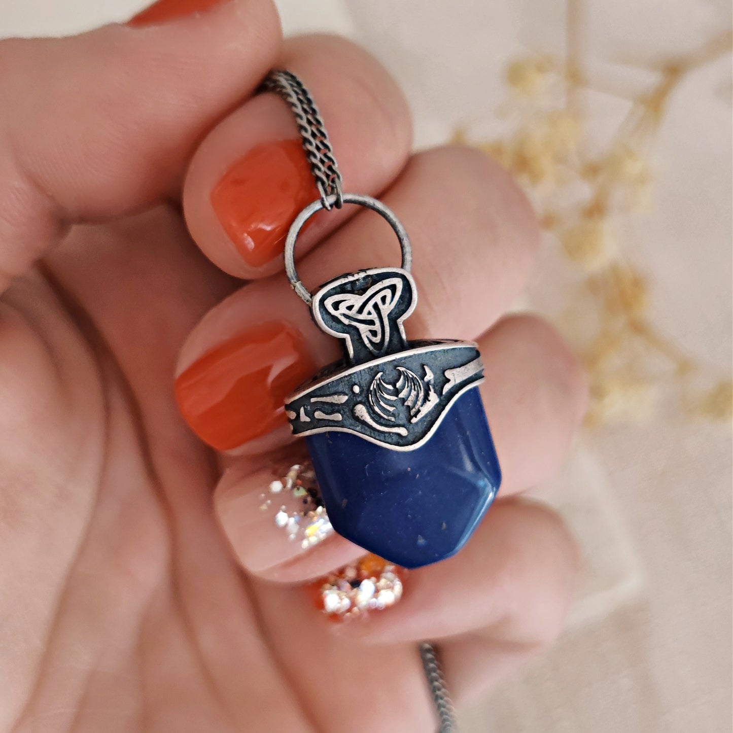 Witch Talisman Necklace with blue stone in antiqued 925 silver
