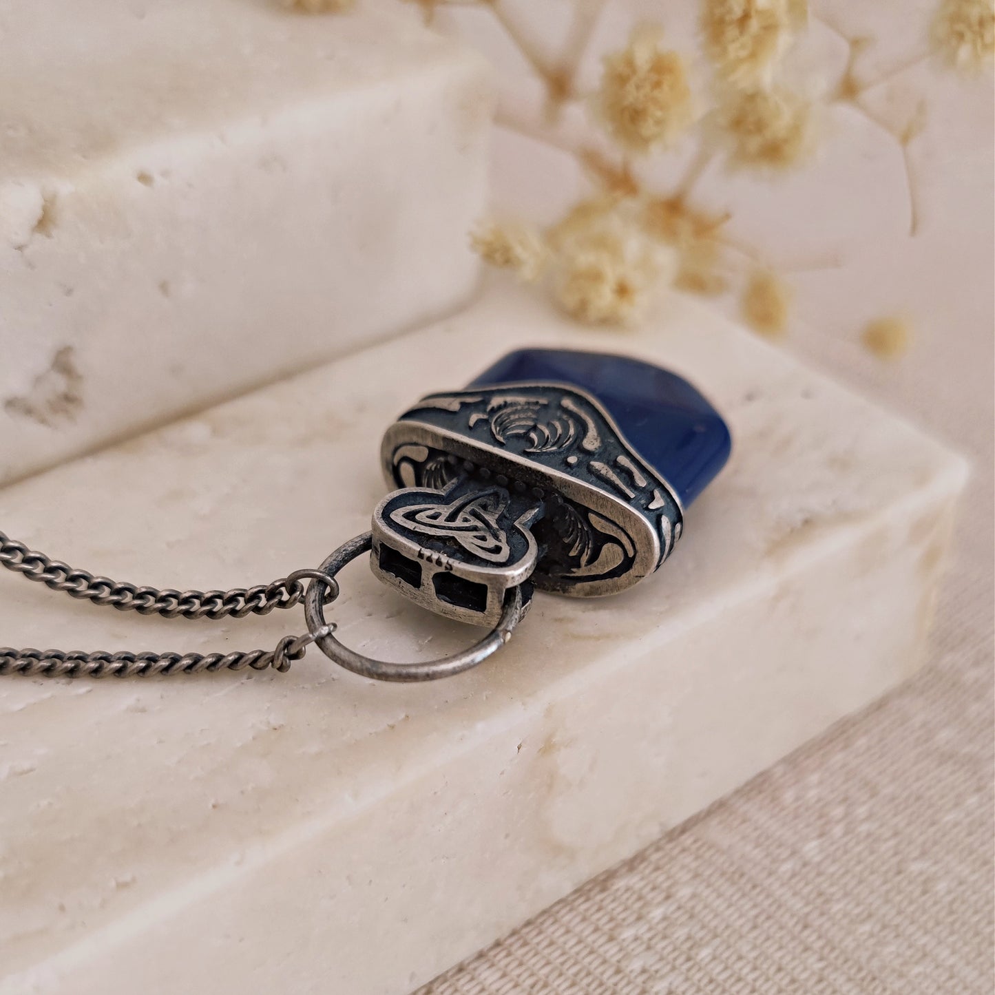 Witch Talisman Necklace with blue stone in antiqued 925 silver