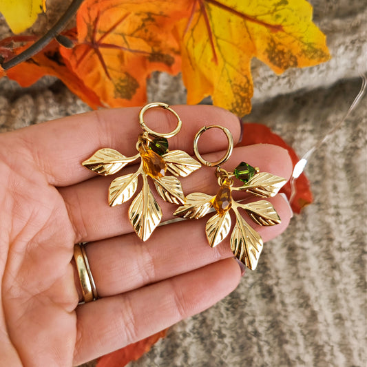 "Woodlands" fae earrings with leaves and crystals