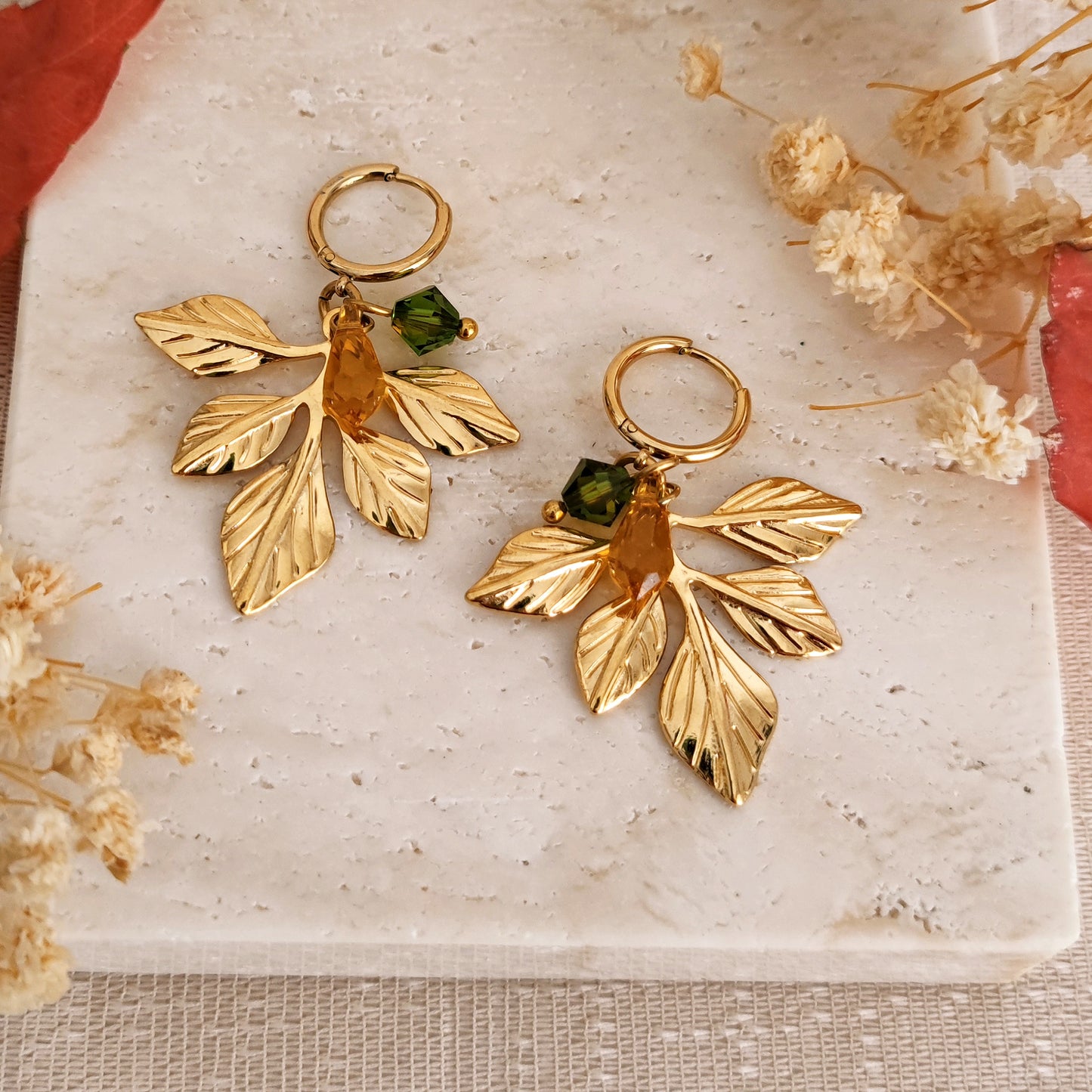 "Woodlands" fae earrings with leaves and crystals