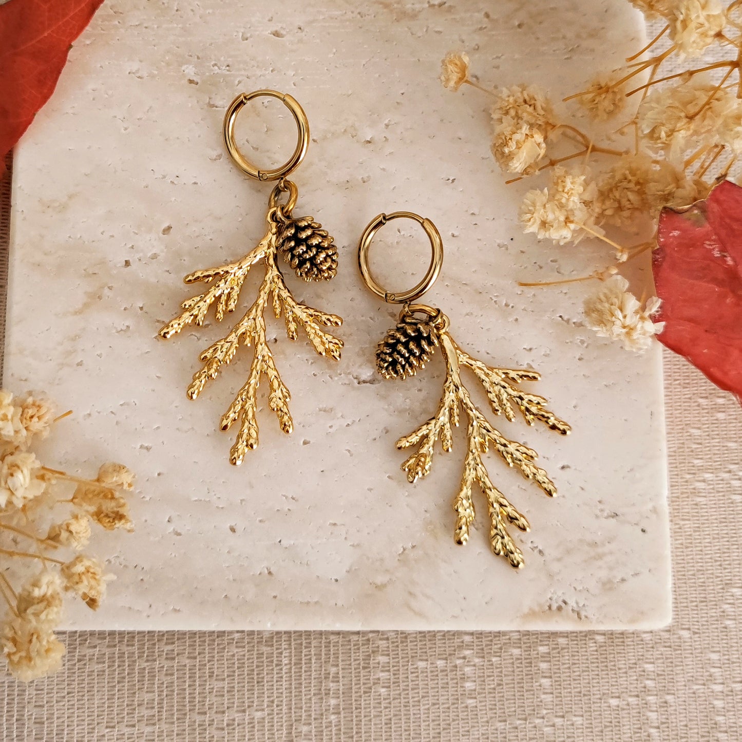 "Pine Forest" earrings with pine tree branches and pine cones