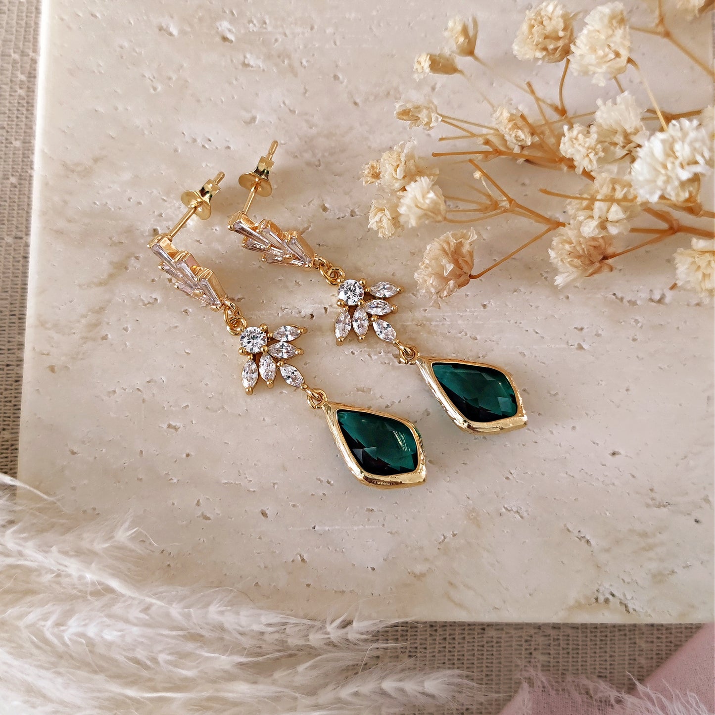 Boho Bridal Earrings, Long Drop Earrings, Art Deco Earrings, Emerald Bridal Earrings, Statement Earrings, Emerald Green Earrings // KATE