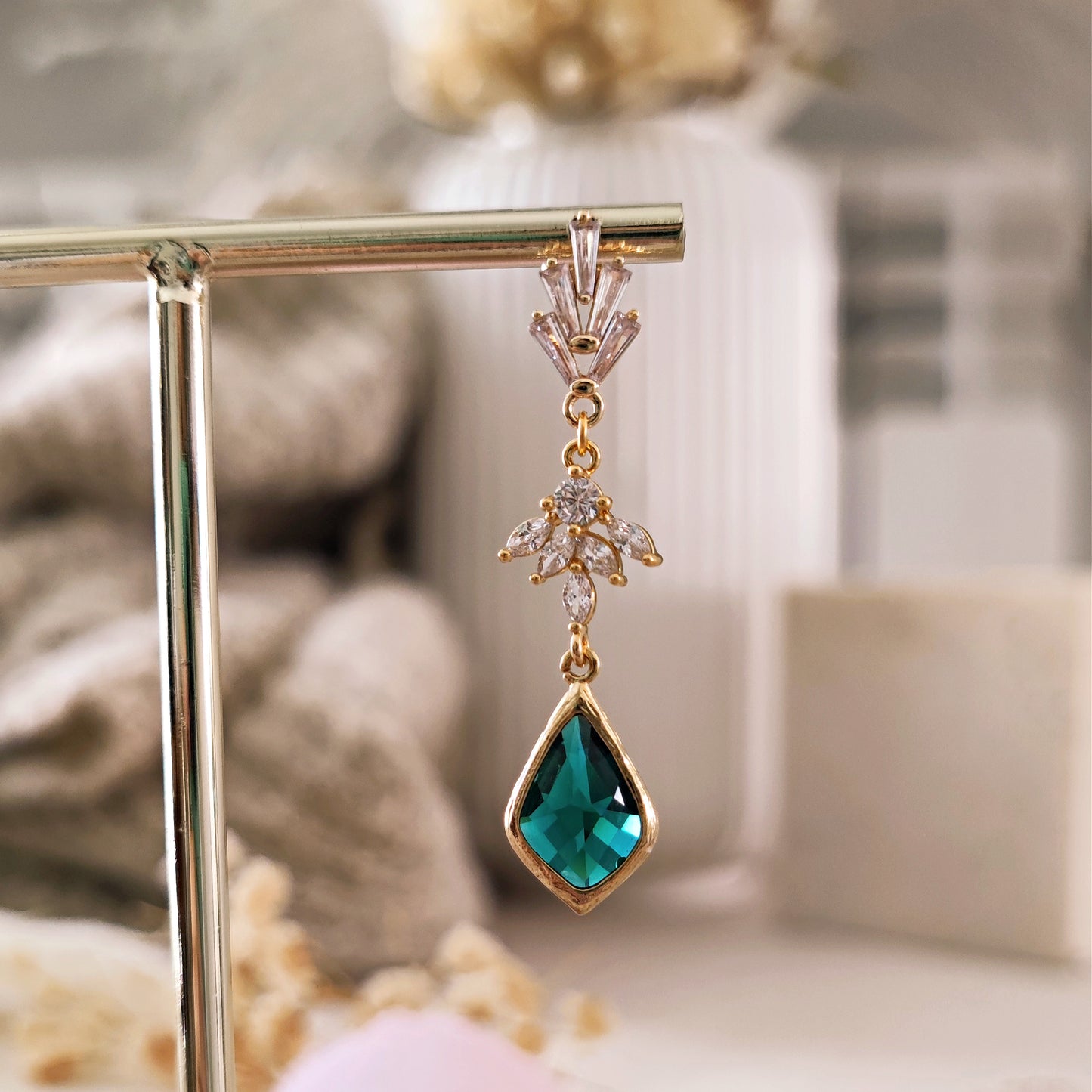 Boho Bridal Earrings, Long Drop Earrings, Art Deco Earrings, Emerald Bridal Earrings, Statement Earrings, Emerald Green Earrings // KATE