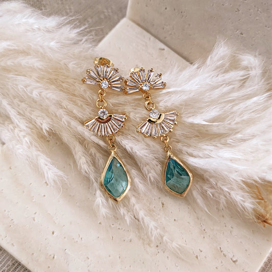 Boho Bridal Fan Earrings, Long Drop Earrings, Art Deco Earrings, Light Blue Bridal Earrings, Statement Earrings // DAPHNE
