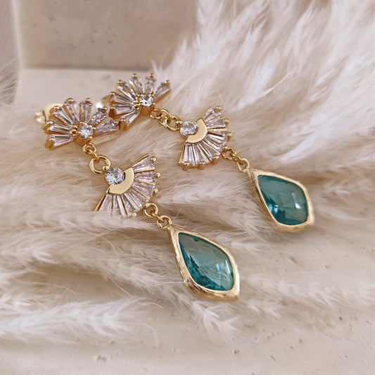 Boho Bridal Fan Earrings, Long Drop Earrings, Art Deco Earrings, Light Blue Bridal Earrings, Statement Earrings // DAPHNE