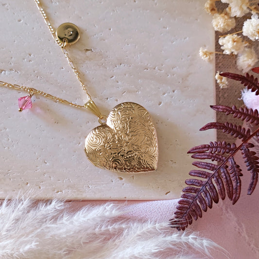 Collana Locket a cuore portafoto con lettera incisa e birthstone