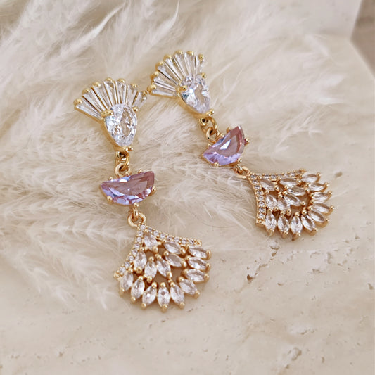 Boho Bridal Purple Earrings, Long Drop Fan Earrings, Art Deco Earrings, Lilac Bridal Earrings, Statement Earrings // MAISY