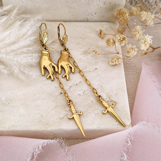 Dark Academia Knightcore Sword and Hand Earrings