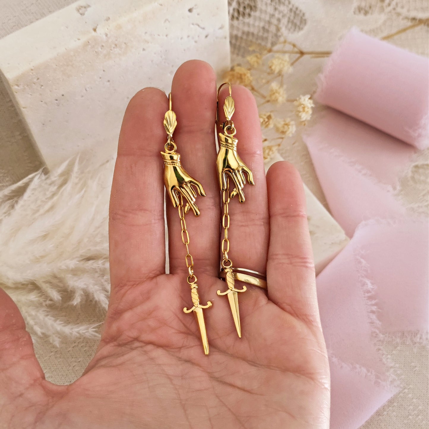 Dark Academia Knightcore Sword and Hand Earrings