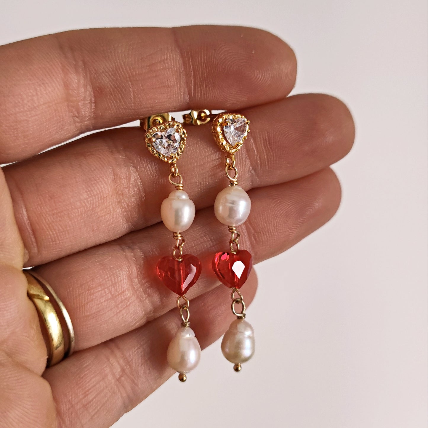 "Lover" chandelier earrings with red hearts and freshwater pearls