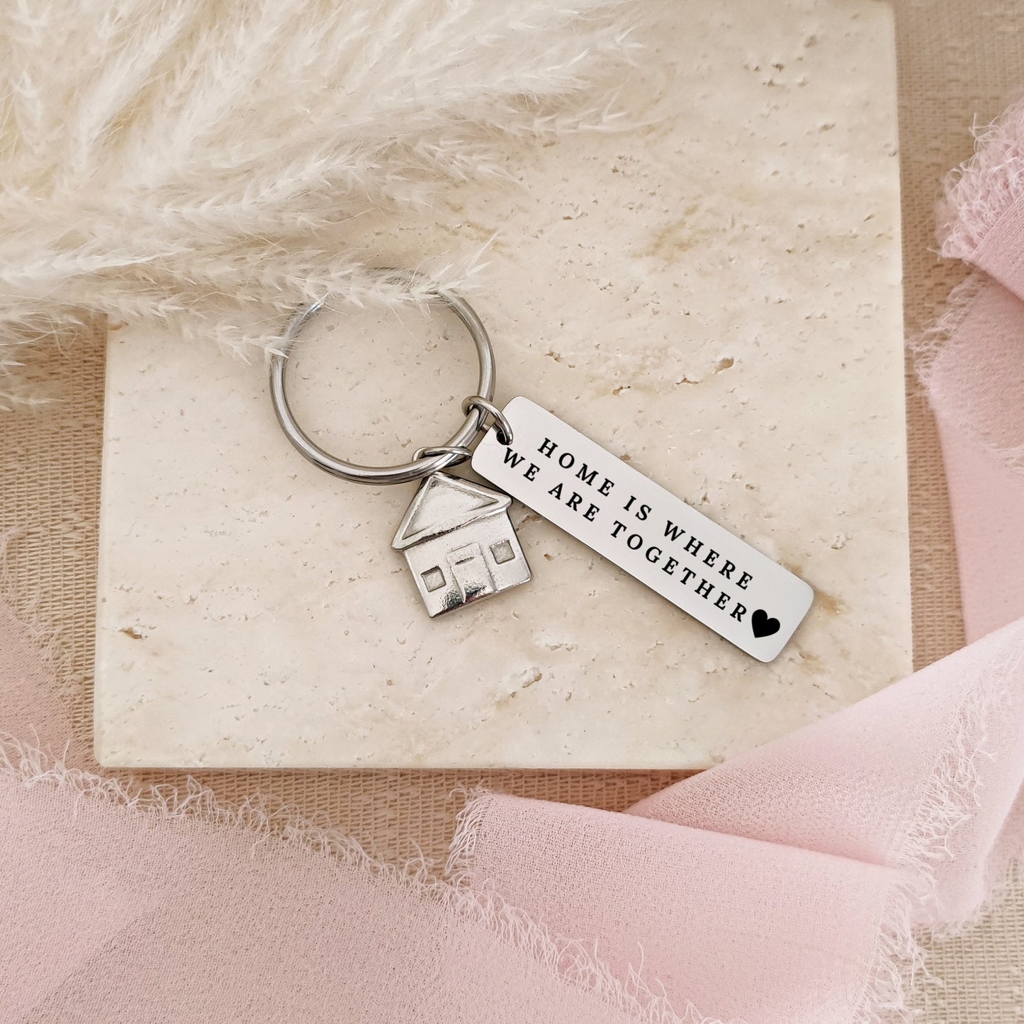 "Home is where we are together" key ring with customizable pendants