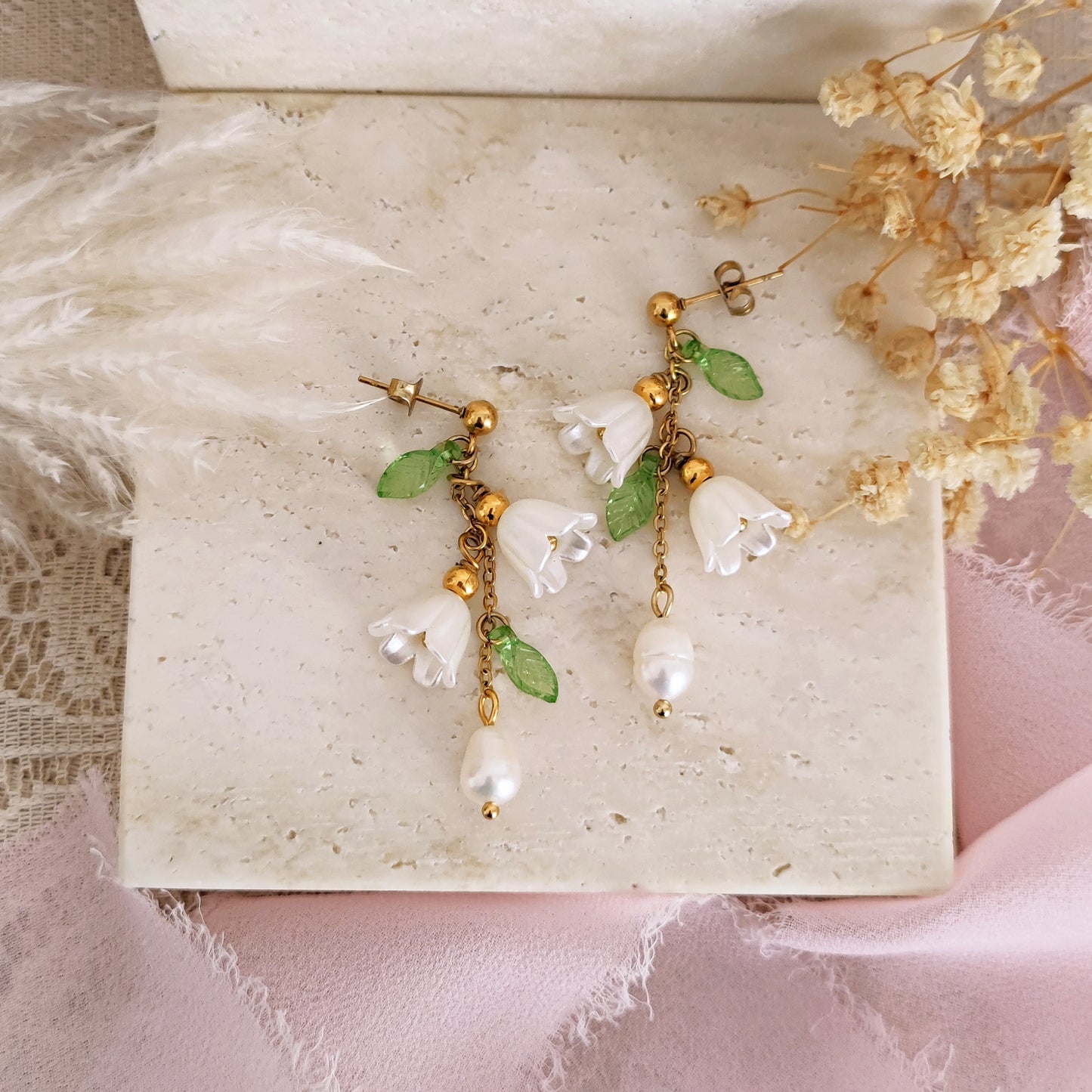 Lily of the Valley Cottagecore Earrings, Fairycore Fae Earrings, Floral Fairy Jewelry, Dangle Flower Earrings