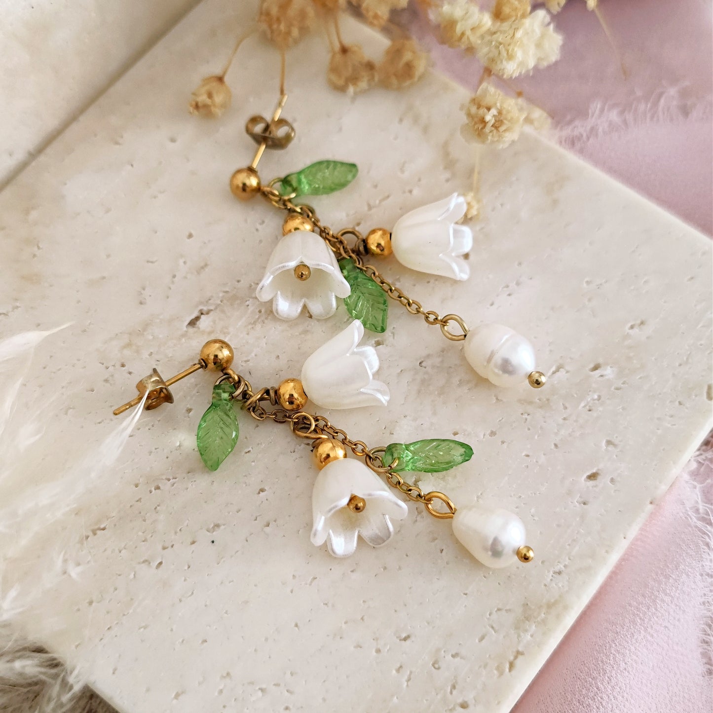 Lily of the Valley Cottagecore Earrings, Fairycore Fae Earrings, Floral Fairy Jewelry, Dangle Flower Earrings