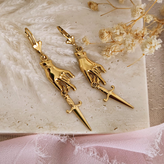Dark Academia Hand and Sword Earrings, KnightCore Dagger Earrings, Whimsigoth Long Dangle Earrings, Victorian Gothic Earrings