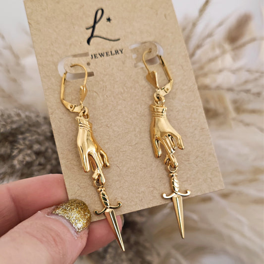 Dark Academia Hand and Sword Earrings, KnightCore Dagger Earrings, Whimsigoth Long Dangle Earrings, Victorian Gothic Earrings