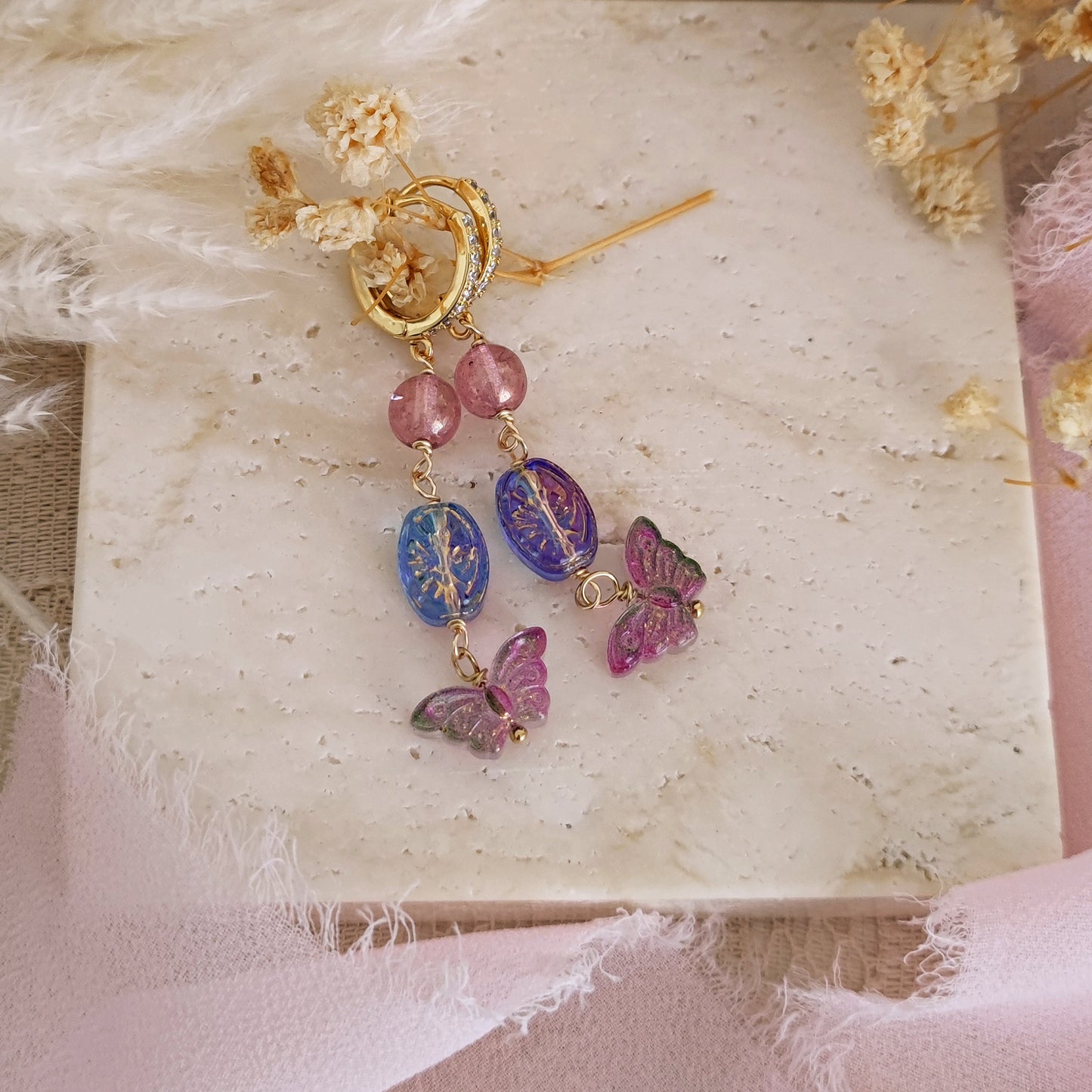 Fairycore Fae Lilac Earrings, Butterfly Fairy Jewelry, Beaded Earrings, Dangle Whimsigoth Earrings, Purple and Blue Romantic Earrings