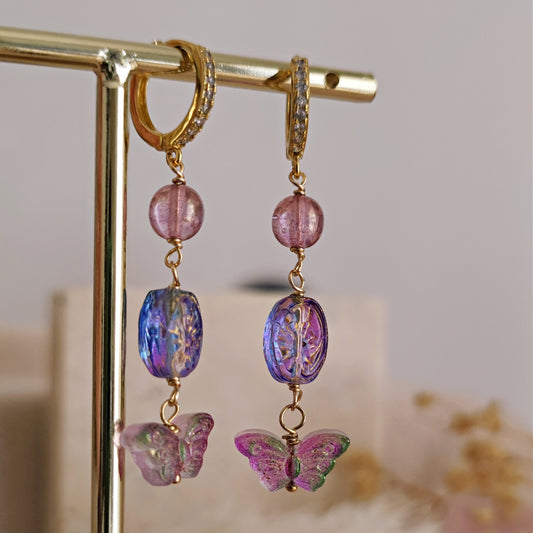 Fairycore Fae Lilac Earrings, Butterfly Fairy Jewelry, Beaded Earrings, Dangle Whimsigoth Earrings, Purple and Blue Romantic Earrings