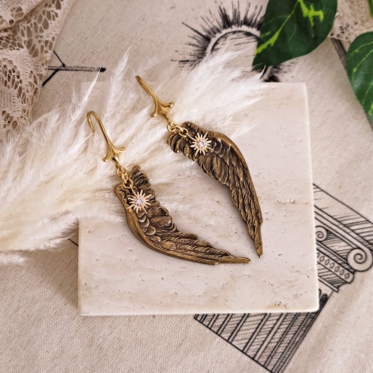 Chandelier Earrings "Icarus" with Bronzed Wings