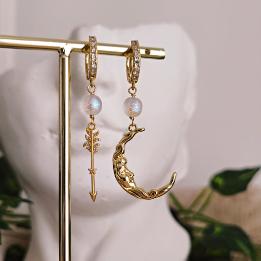 Hoops Earrings "Artemis" with Moon and Arrow