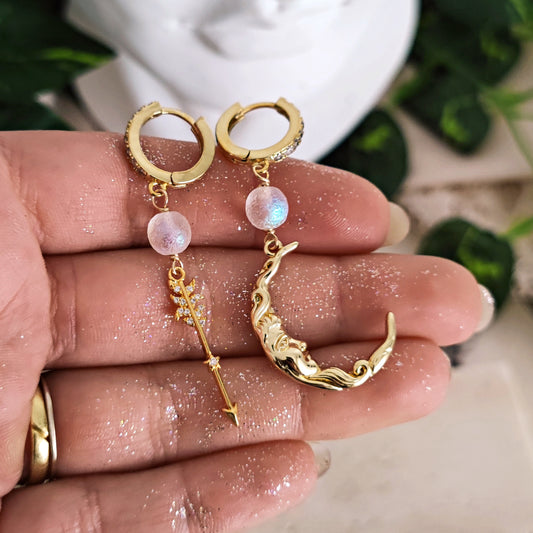 Hoops Earrings "Artemis" with Moon and Arrow