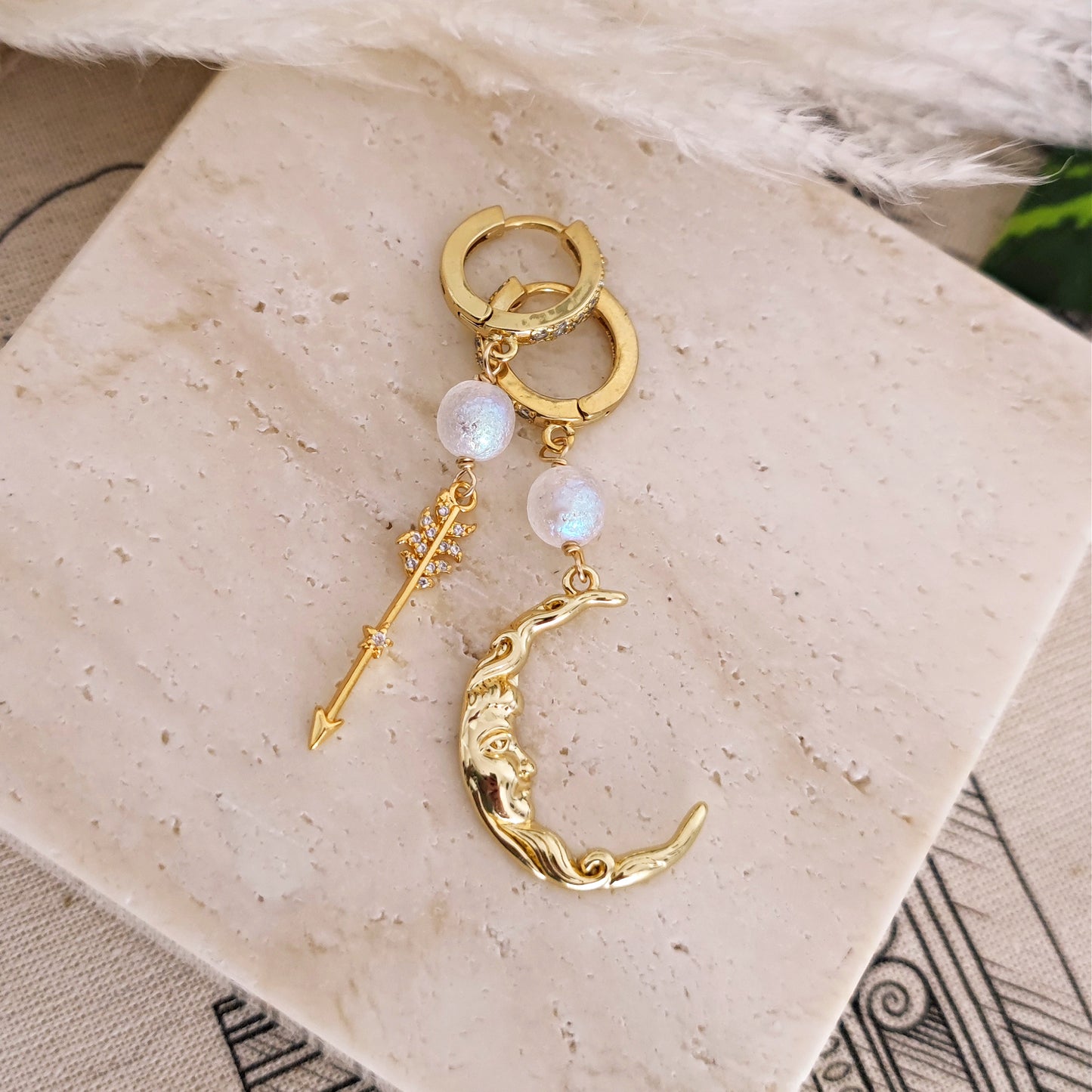 Hoops Earrings "Artemis" with Moon and Arrow