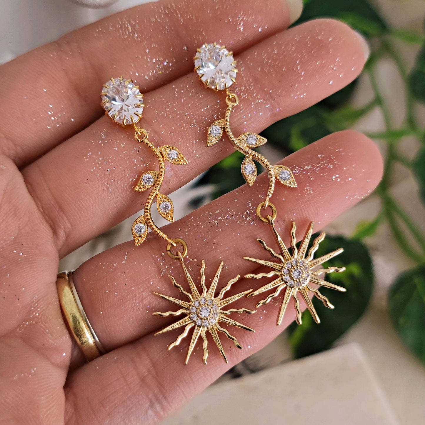 Apollo and Daphne" Earrings with crystals, leaves and suns