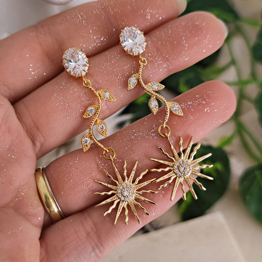 Apollo and Daphne" Earrings with crystals, leaves and suns
