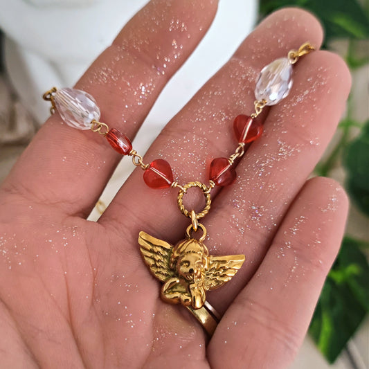 Gold Stainless Steel "Eros" Necklace with crystals and red hearts