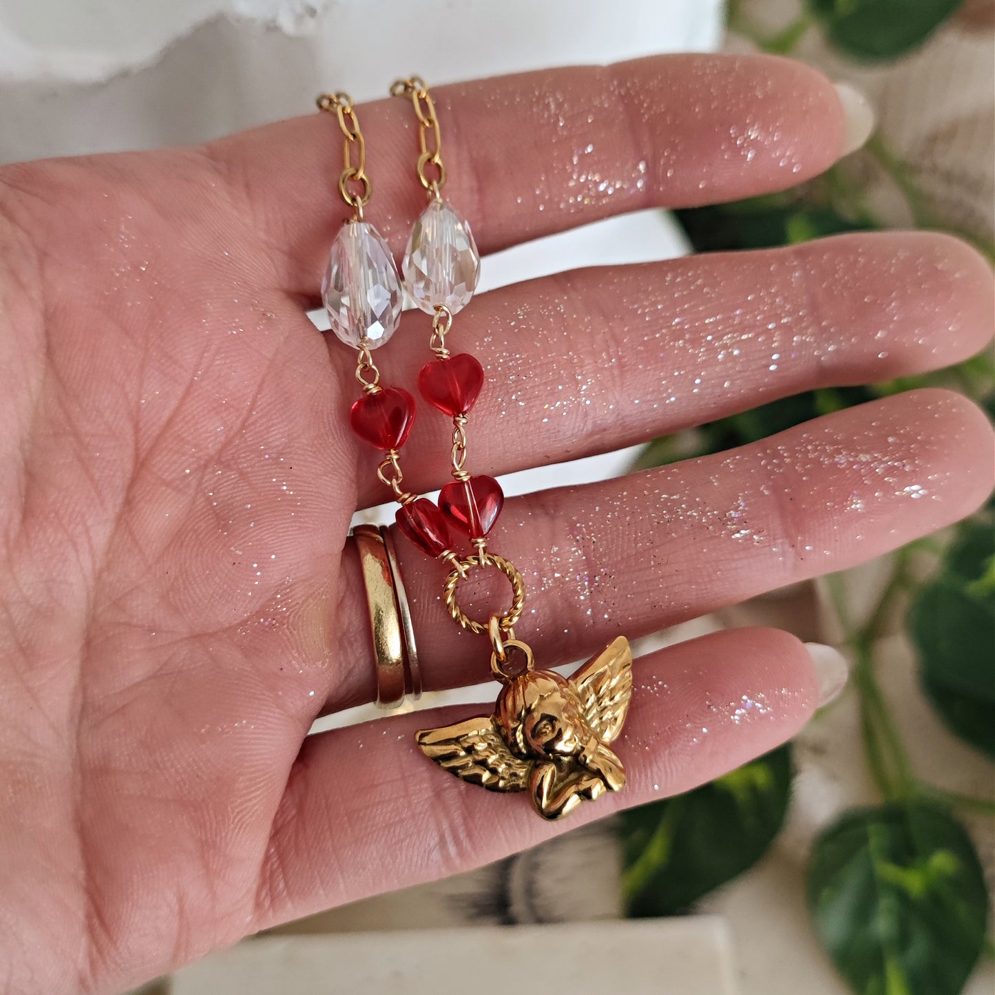 Collana "Eros" in acciaio, cristalli e cuori rossi