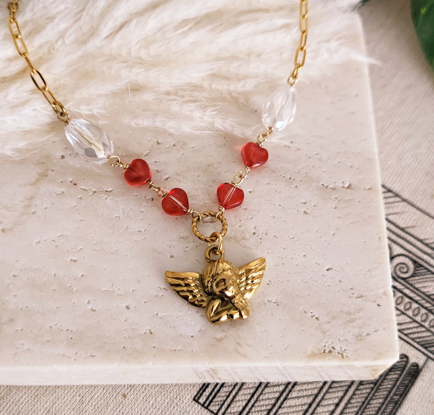Collana "Eros" in acciaio, cristalli e cuori rossi